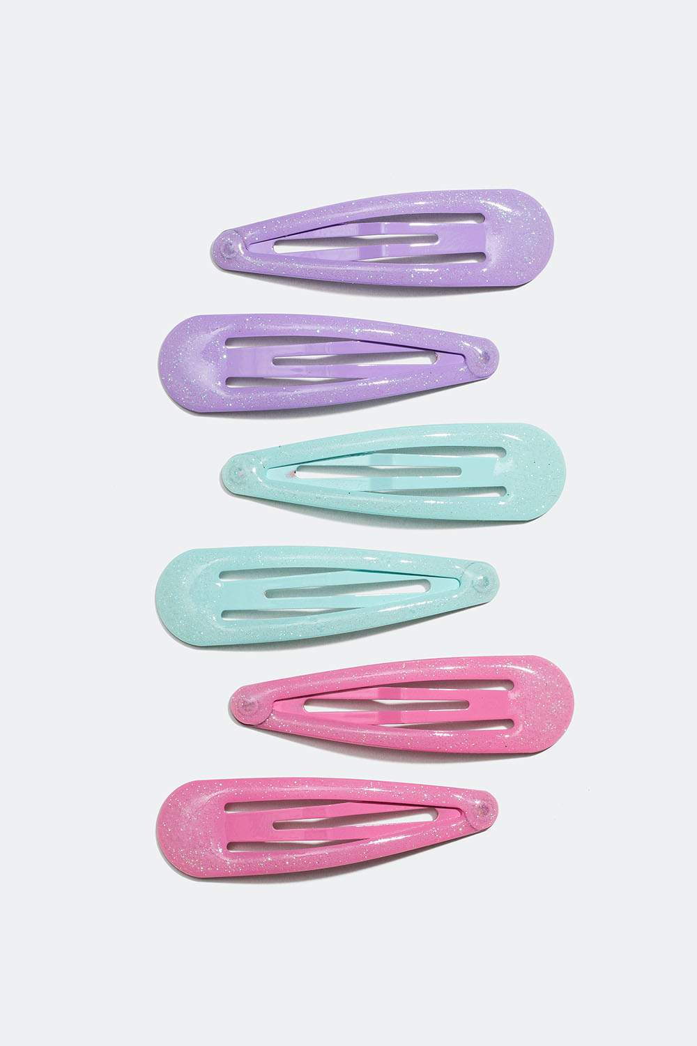 Glittriga hårspännen i lila, rosa och grönt, 6-pack