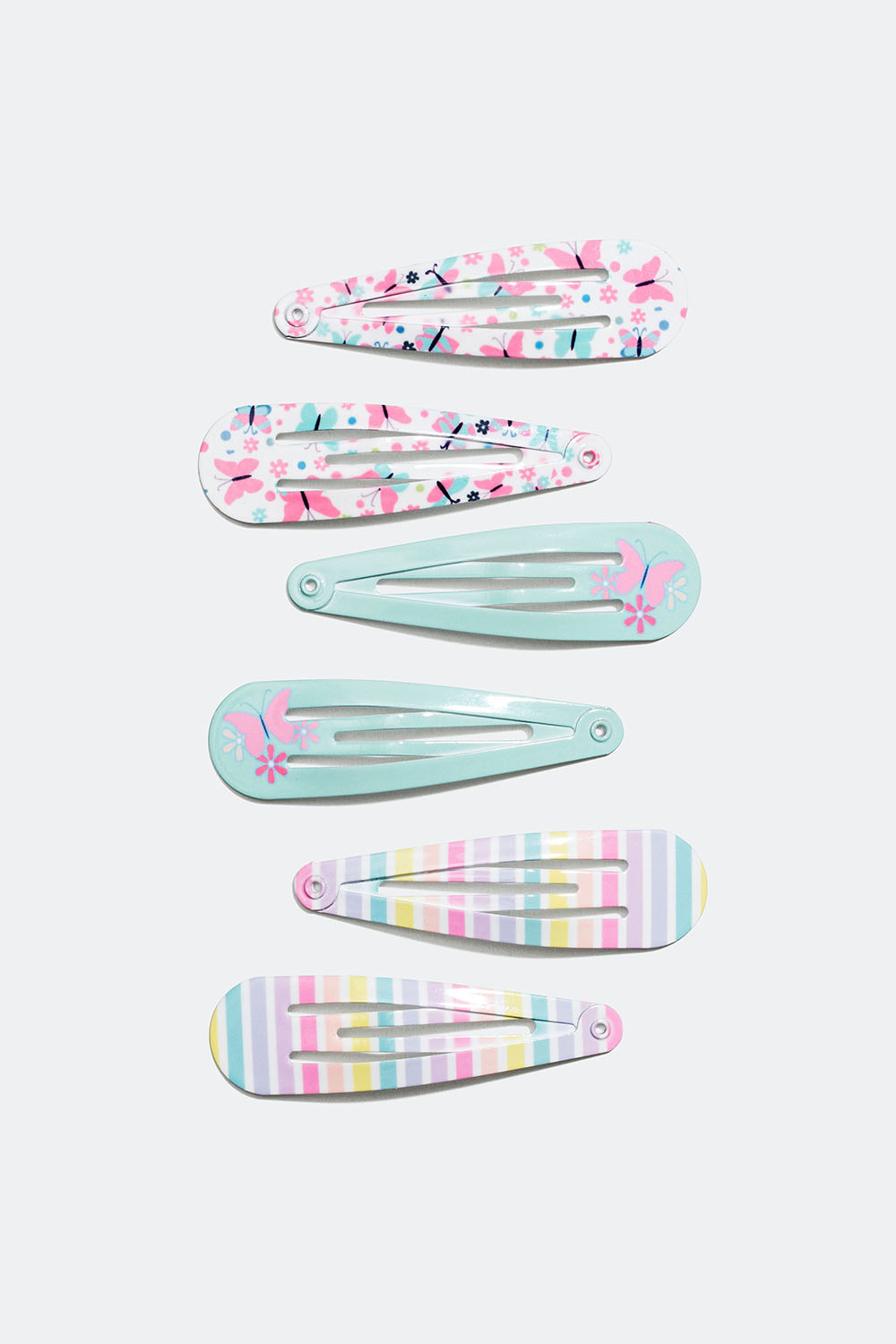 Hårspännen med randigt mönster och fjärilar, 6-pack