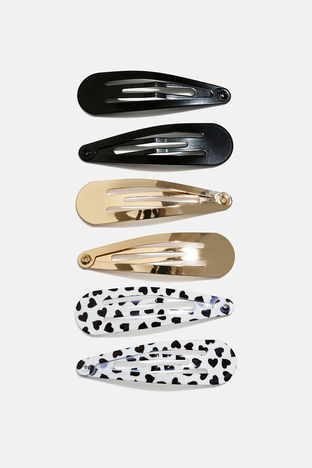 Hårspännen i svart, guld och hjärtmönster, 6-pack