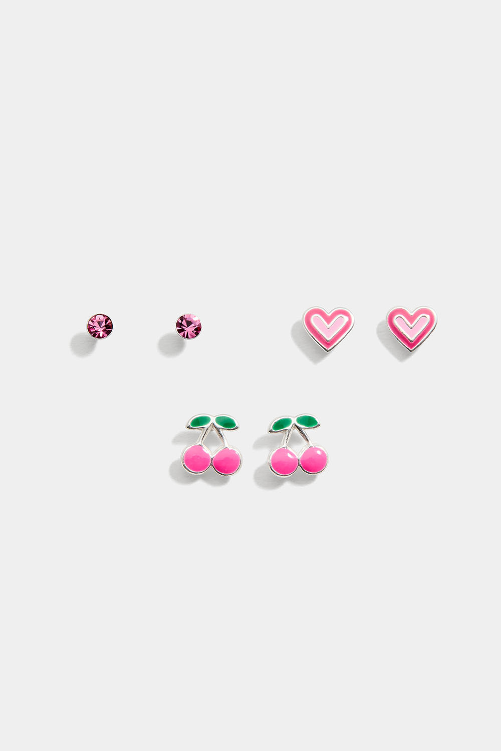 Tre par örhängen i äkta silver med rosa sten, hjärtan och körsbär